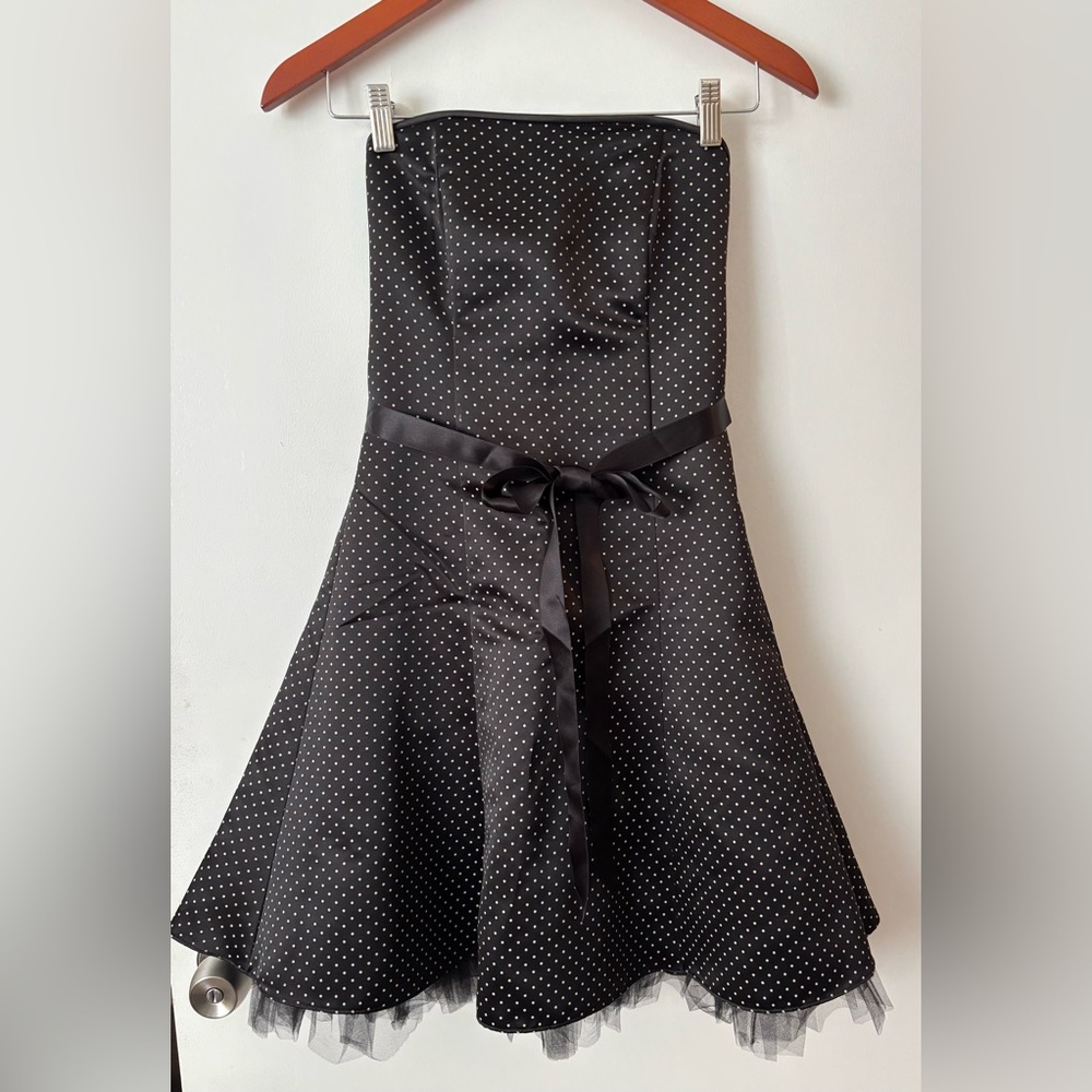 Jessica McClintock for Gunne Sax Black/White Polka Dot Strapless Dress 3/4